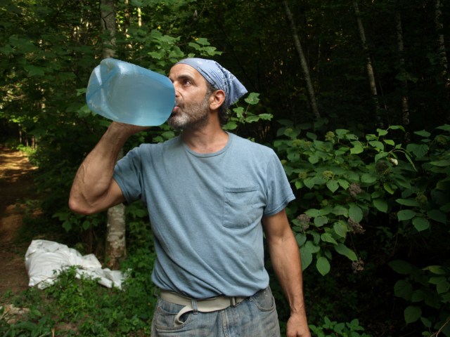 Eagle drinks spring water that came via tank, pipe and tap!